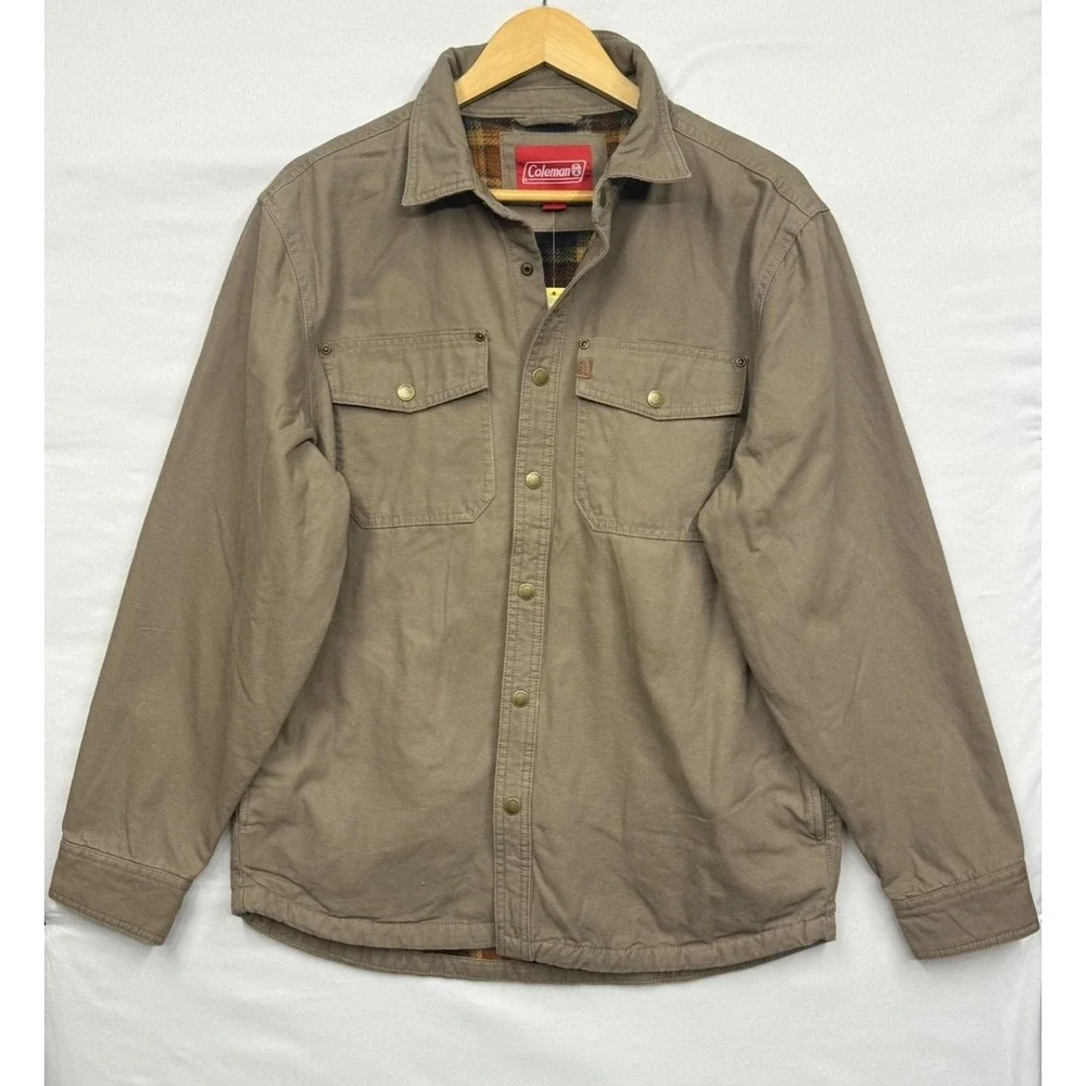 Coleman Mens Canvas Sherpa Lined Flannel Shirt Jacket Tan‎ Workwear Size M